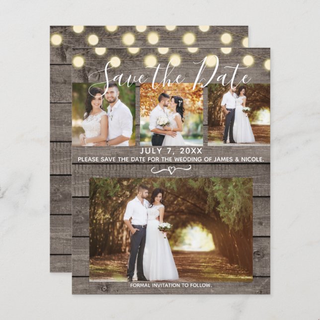 Minimal Rustic Wood & Lights 4 Photo Save the Date (Front/Back)