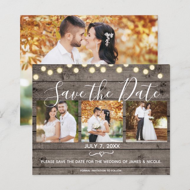 Minimal Rustic Wood & Lights Photo Save the Date (Front/Back)