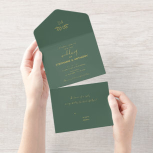 Minimal Sage and Gold Branch Calligraphy Wedding   All In One Invitation