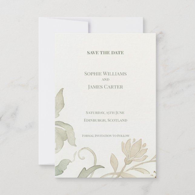 Minimal Sage Floral Save The Date Card (Front)