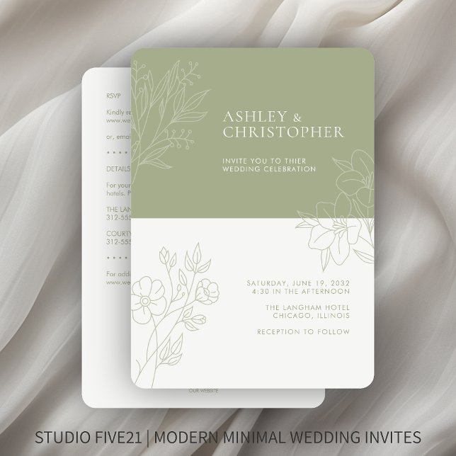 Minimal Sage Foliage Outline All-in-One Wedding Invitation (Creator Uploaded)