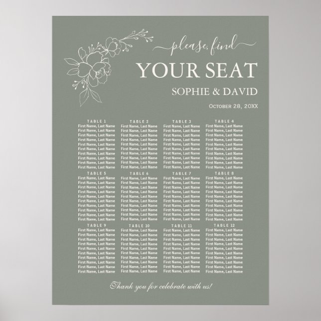 Minimal Sage Green 12 Table Seating Chart Wedding (Front)