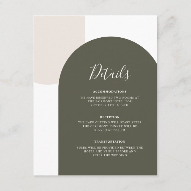 Minimal Sage Green Boho Arch Wedding Details Enclosure Card (Front)
