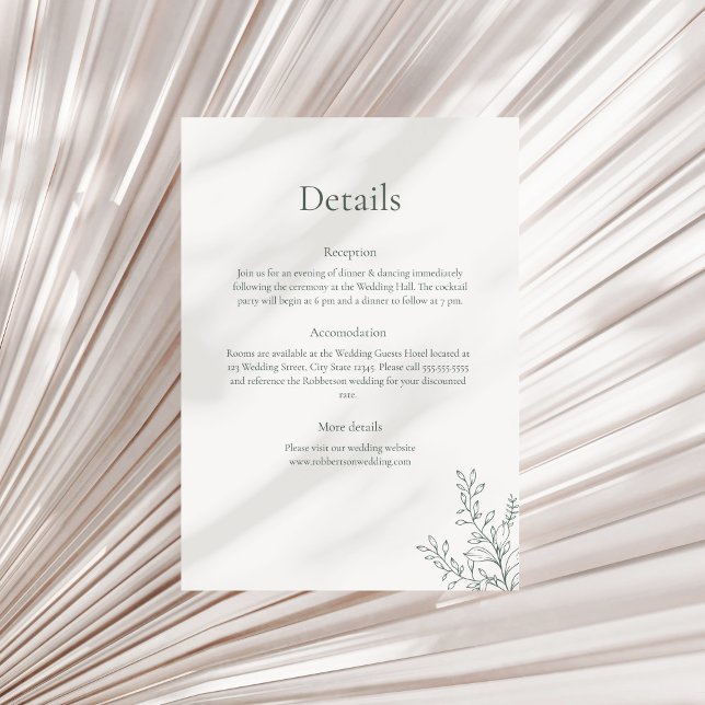 Minimal Sage Green Botanical Details Card (Minimal Sage Green Botanical Details Card on a neutral dry palm leaf.)