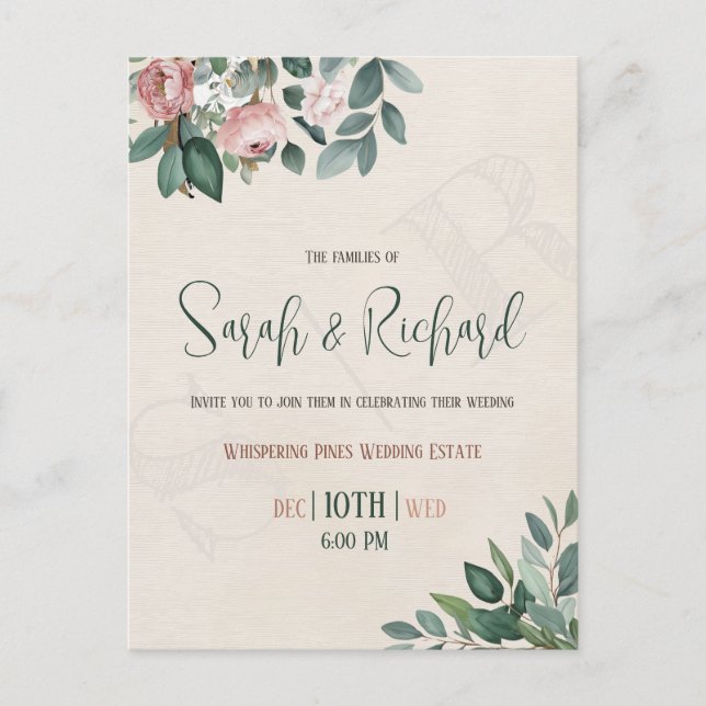 Minimal Sage Green Dusty Rose Watercolor Wedding Postcard (Front)