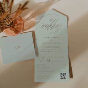 Minimal Sage Green & Faux Gold Calligraphy Wedding All In One Invitation