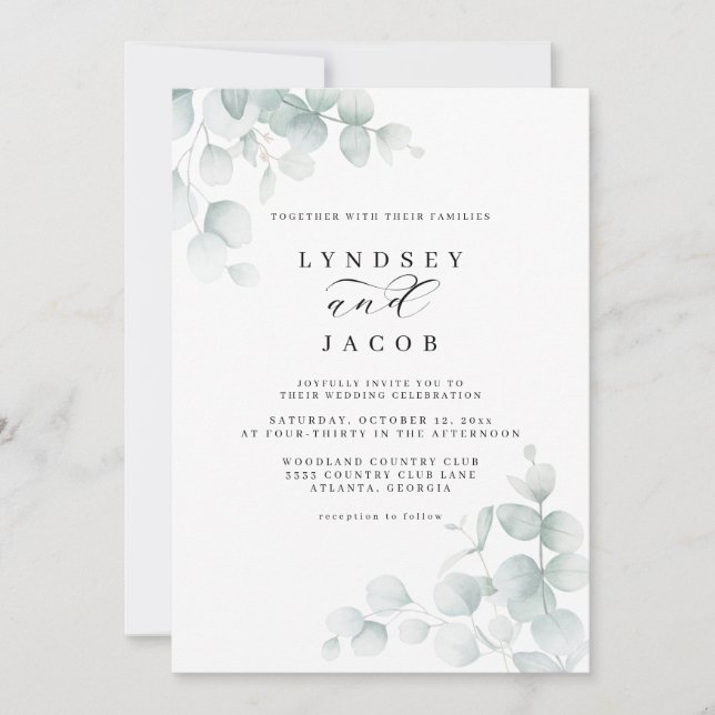 Minimal Sage Green Floral Wedding Invitation (Front)