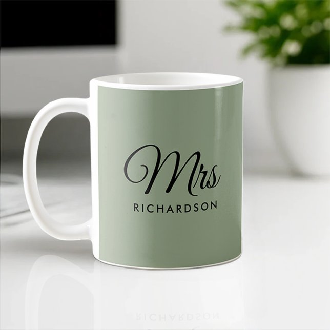 Minimal Sage-Green Heart Mrs Wedding Anniversary Coffee Mug (Creator Uploaded)
