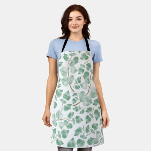 Minimal Sage Green Leaves Watercolor Pattern Apron