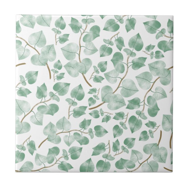 Minimal Sage Green Leaves Watercolor Pattern Tile (Front)