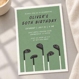 Minimal Sage Green Modern Mens 50th Birthday Golf Invitation