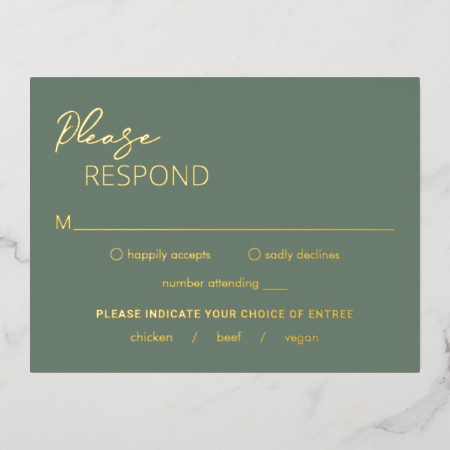 Minimal Sage Green Modern Wedding Foil RSVP Card (Front)