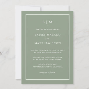 Minimal Sage Green Monogram Simple Wedding Invitation