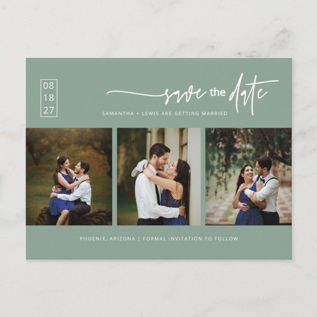 Minimal Sage Green Photo QR Code Save the Date Postcard (Front)