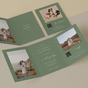 Minimal sage green photo QR RSVP details wedding Tri-Fold Invitation