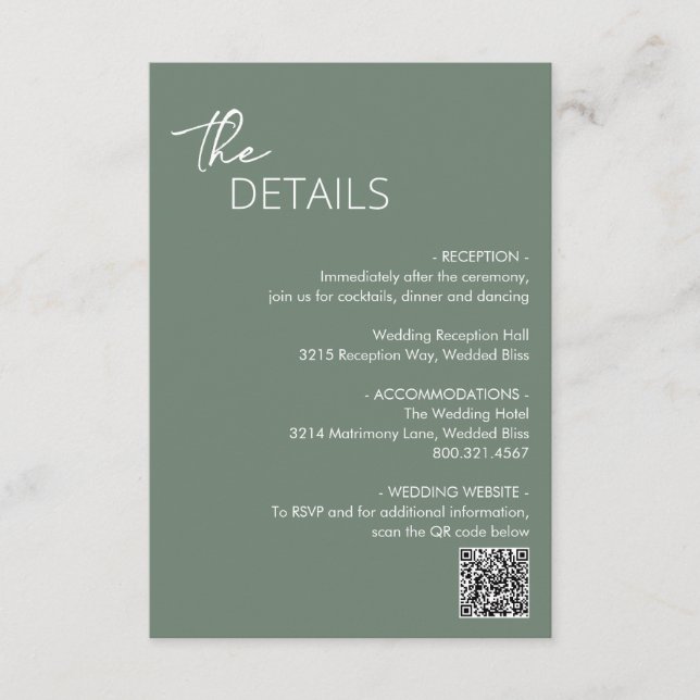 Minimal Sage Green QR Code Modern Wedding Enclosure Card (Front)