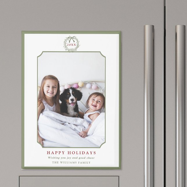 Minimal Sage Green & Red Happy Holidays Photo Magnet (Creator Uploaded)