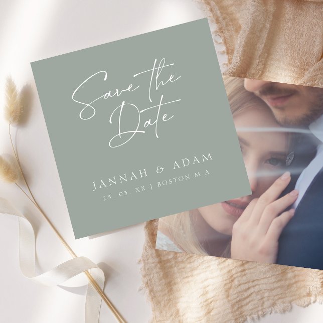 Minimal Sage Green Script Photo Wedding Save The Date (Creator Uploaded)