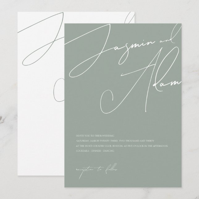Minimal Sage Green Script Typography Wedding Invitation (Front/Back)