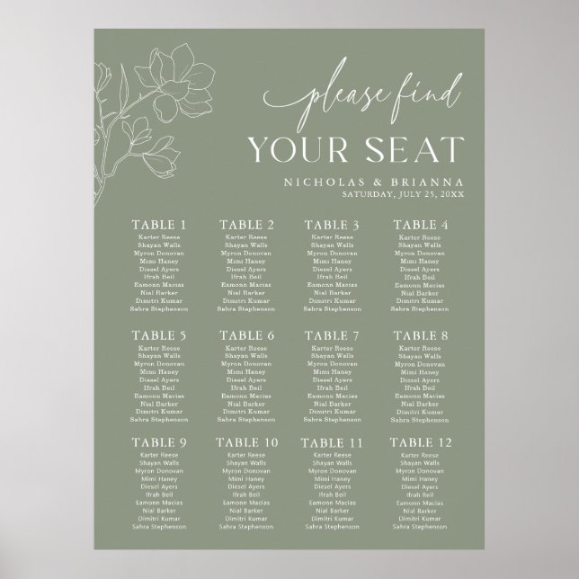 Minimal Sage Green Wedding 12 Table Seating Chart  (Front)