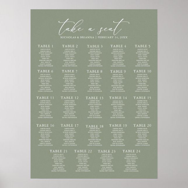 Minimal Sage Green Wedding 24 Table Seating Chart (Front)