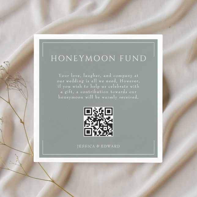 Minimal Sage Green Wedding Honeymoon Fund QR Code Napkin (Creator Uploaded)
