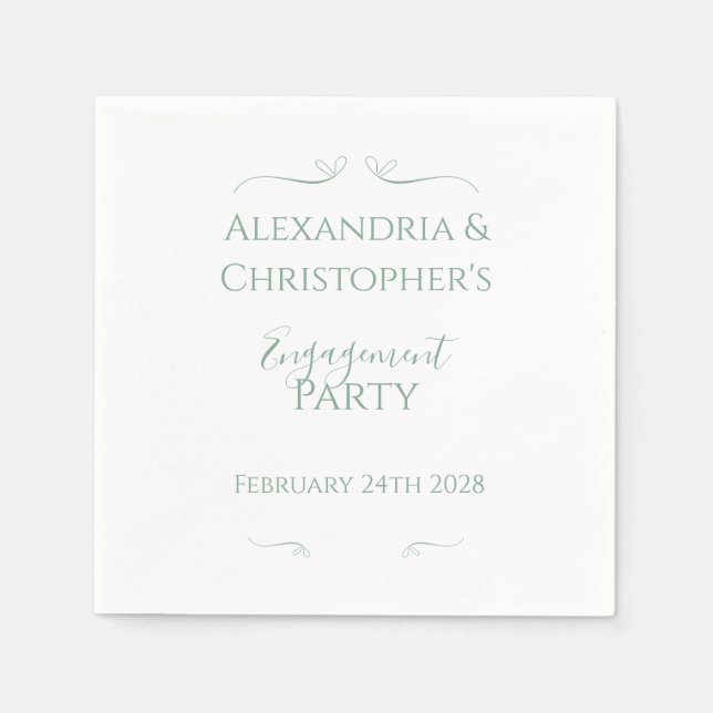 Minimal Sage Green White Script Engagement Party Napkin (Front)