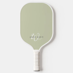 Minimal Sage Green White Script Monogram Pickleball Paddle