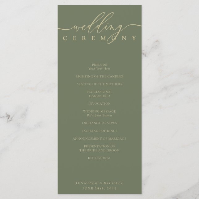 Minimal Sage Signature Script Wedding Ceremony Programme (Front)
