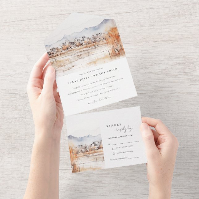Minimal Salt Lake City Utah Watercolor Wedding All In One Invitation (Tearaway)