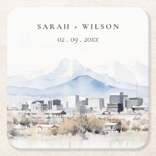 Minimal Salt Lake City Utah Watercolor Wedding Square Paper Coaster