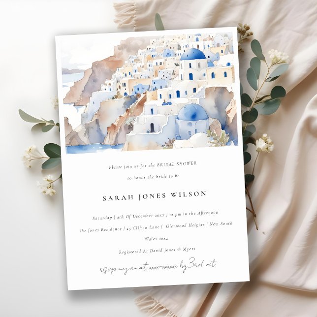 Minimal Santorini Greece Watercolor Bridal Shower Invitation (Creator Uploaded)