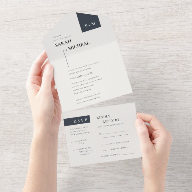 MINIMAL SCANDI BLACK WHITE MONOGRAM WEDDING ALL IN ONE INVITATION (Tearaway)