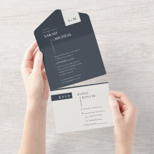 MINIMAL SCANDI BLACK WHITE MONOGRAM WEDDING ALL IN ONE INVITATION