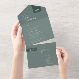MINIMAL SCANDI EMERALD SAGE PALE GREEN WEDDING ALL IN ONE INVITATION
