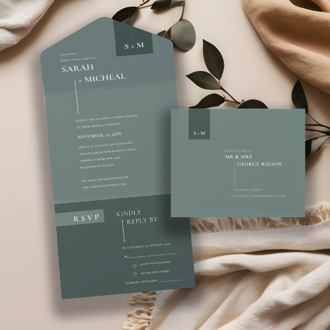 MINIMAL SCANDI EMERALD SAGE PALE GREEN WEDDING ALL IN ONE INVITATION (Creator Uploaded)