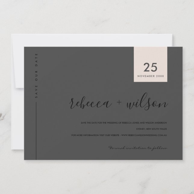 MINIMAL SCANDI MODERN BLACK BLUSH PINK TYPOGRAPHY SAVE THE DATE (Front)