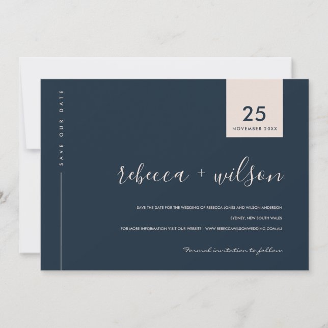 MINIMAL SCANDI MODERN NAVY BLUSH PINK TYPOGRAPHY SAVE THE DATE (Front)