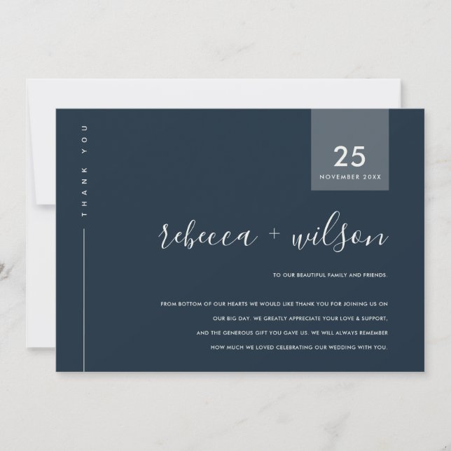 MINIMAL SCANDI  NAVY GREY BLUE TYPOGRAPHY WEDDING THANK YOU CARD (Front)