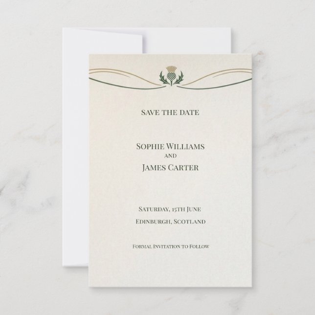Minimal Scottish Thistle Save the Date Card (Front)
