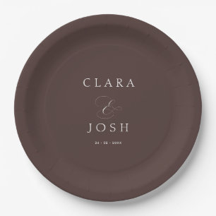 Minimal Script Ampersand Chocolate Brown Wedding Paper Plate