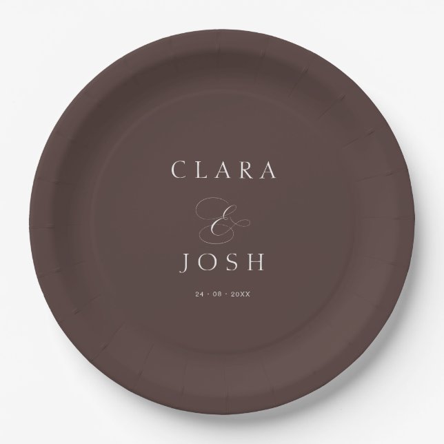 Minimal Script Ampersand Chocolate Brown Wedding  Paper Plate (Front)