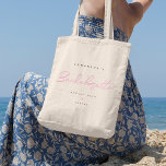 Minimal Script Bachelorette Bridal Party Tote Bag<br><div class="desc">This personalised Bachelorette custom Tote Bag design features pink handwritten script typography which can be changed to any colour. You can easily personalise the bride-to-be's name,  date,  bridemaid's nameusing the template provided. The perfect elegant accessory for a bachelorette party or bachelorette weekend!</div>