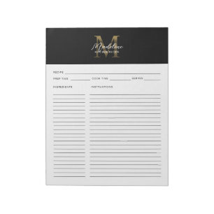Minimal Script Black Metallic Gold Monogram Recipe Notepad