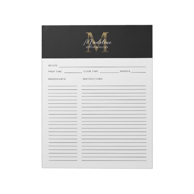 Minimal Script Black Metallic Gold Monogram Recipe Notepad (Rotated)