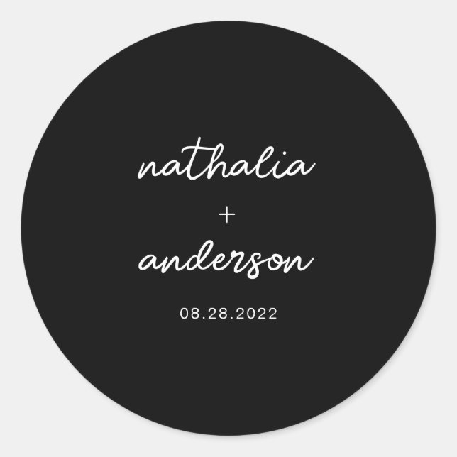 Minimal Script Black Wedding Classic Round Sticker (Front)