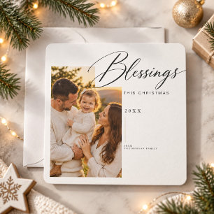 Minimal Script Blessings Photo Religious Christmas Holiday Card
