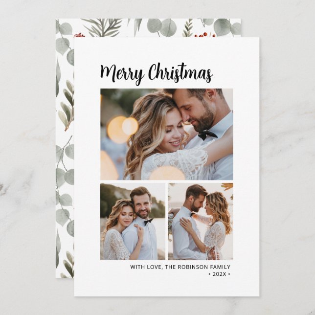 Minimal Script Botanical 3 Multi Photo Christmas Holiday Card (Front/Back)