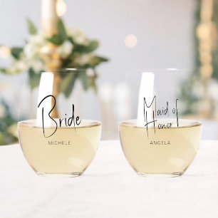 Minimal Script Bride Maid of Honour Wedding Stemless Wine Glass