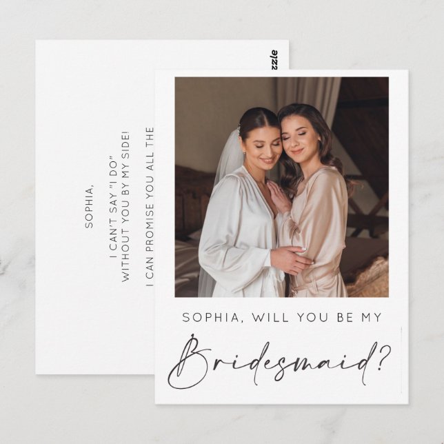 Minimal Script Bridesmaid Proposal Card with Photo (Front/Back)